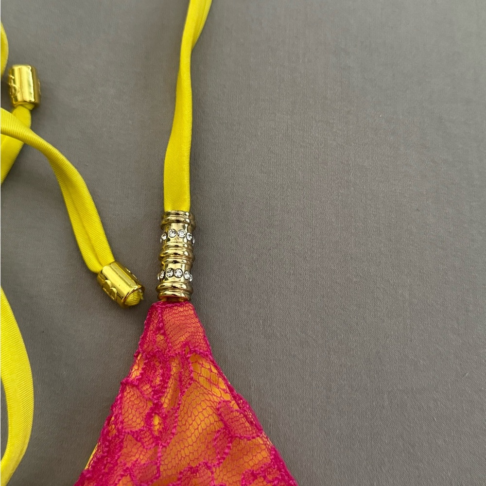 Beach Bunny Swimwear Neon Pink/Yellow Lace Detail Sexy Tie Bikini- LIKE NEW! - Picture 2 of 6